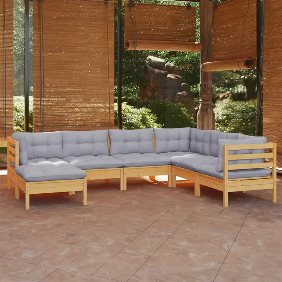 Salon de jardin 7 pcs avec coussins gris bois de pin massif