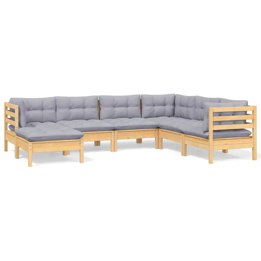 Salon de jardin 7 pcs avec coussins gris bois de pin massif - 2