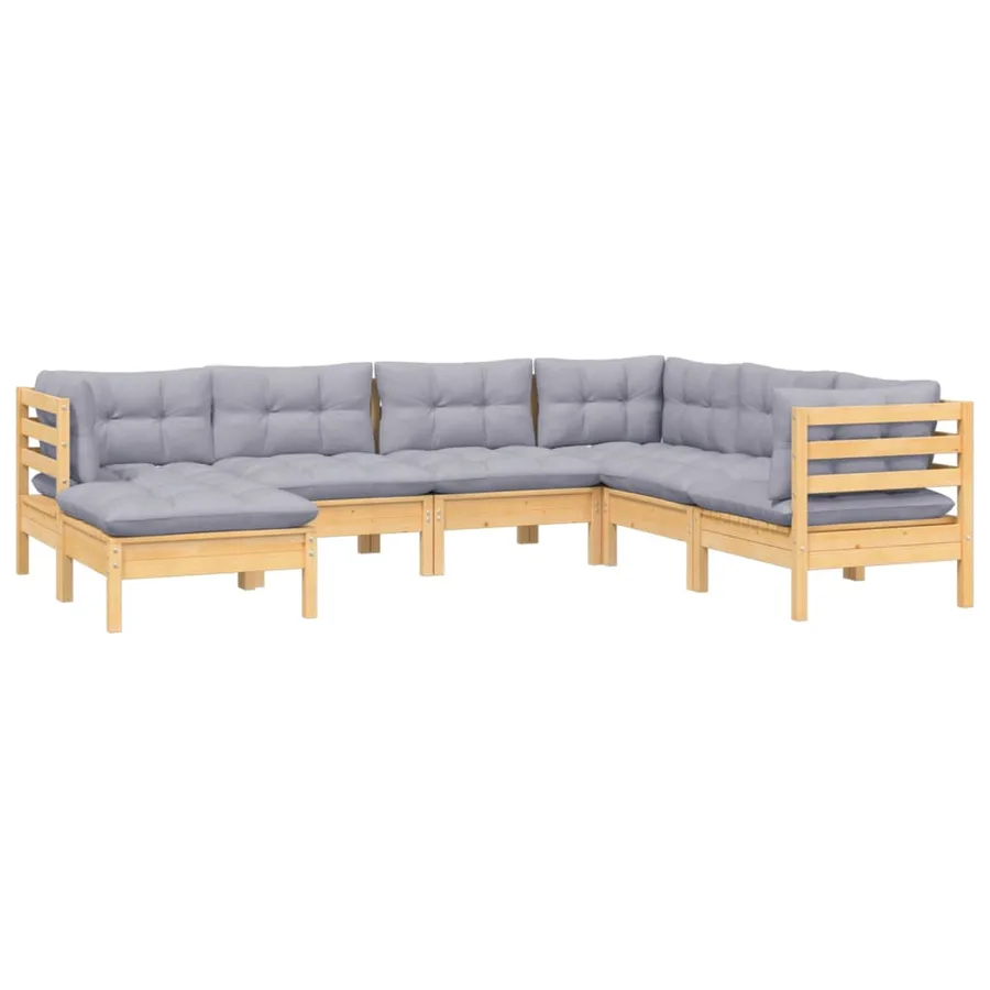 Salon de jardin 7 pcs avec coussins gris bois de pin massif - 3