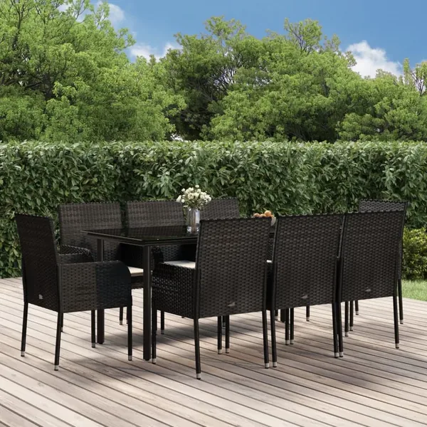 Ensemble à manger jardin 9pcs et coussins noir résine tressée