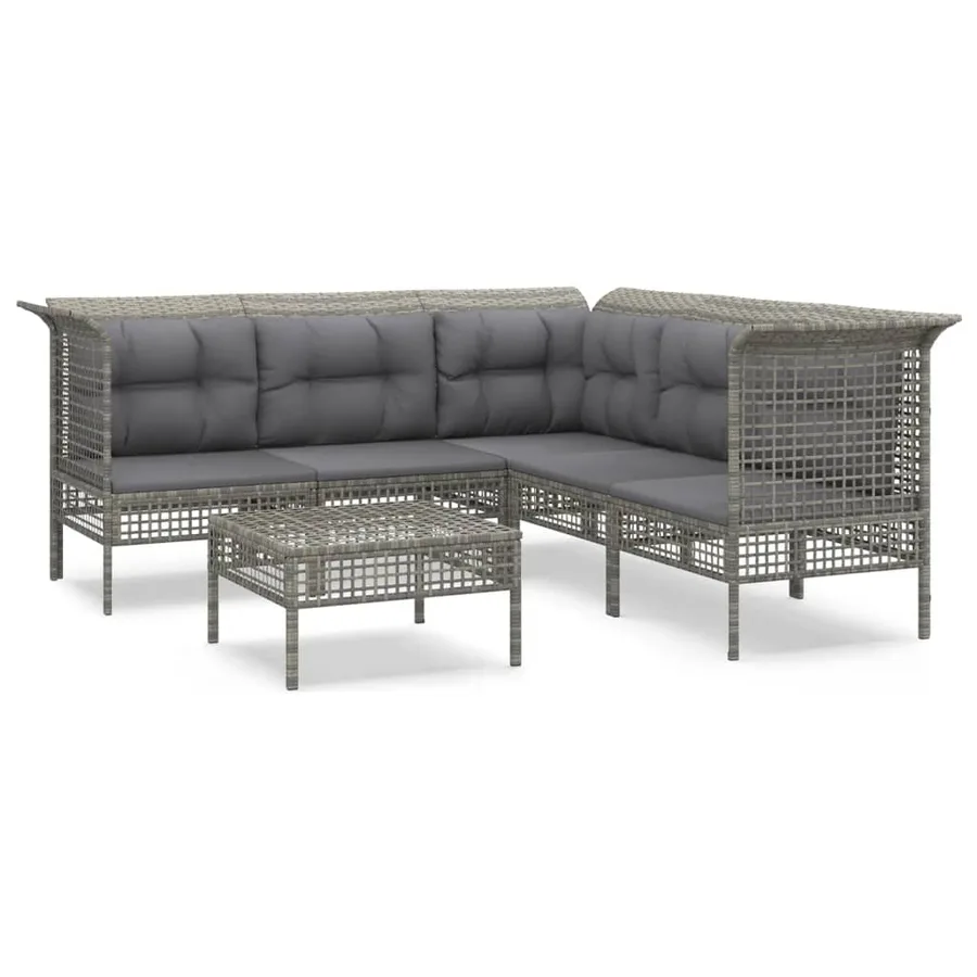 Salon de jardin 6 pcs avec coussins Gris Résine tressée - 2