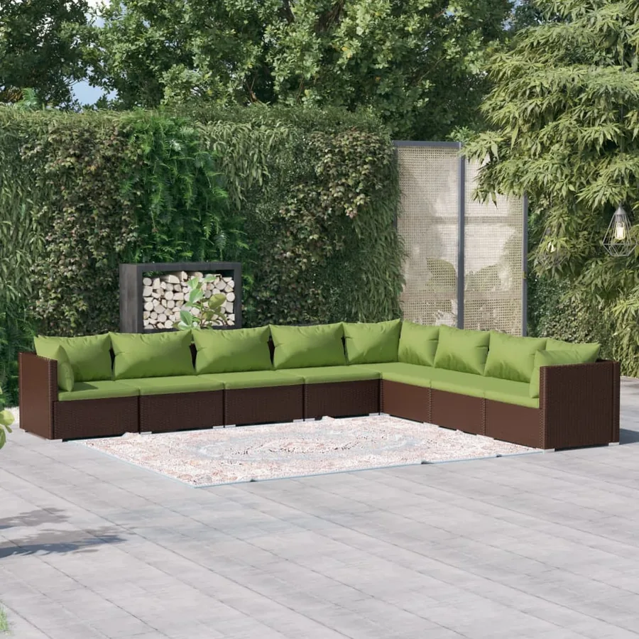 Salon de jardin 8 pcs avec coussins résine tressée marron
