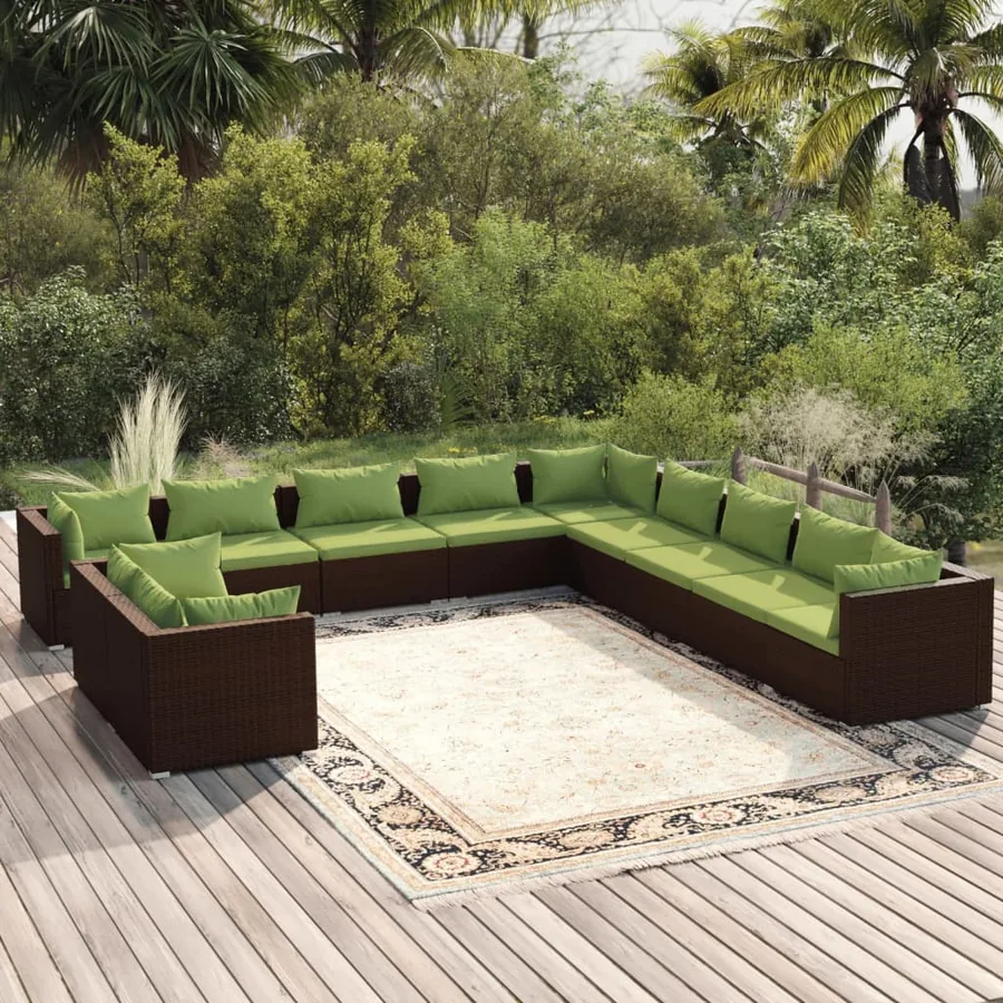 Salon de jardin 11 pcs avec coussins marron résine tressée