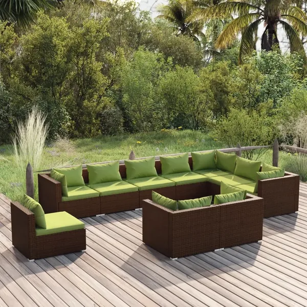 Salon de jardin 10 pcs avec coussins Résine tressée Marron