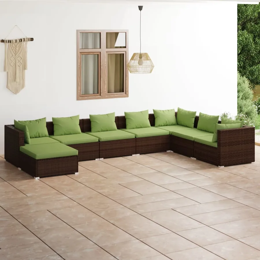 Salon de jardin 8 pcs avec coussins résine tressée marron