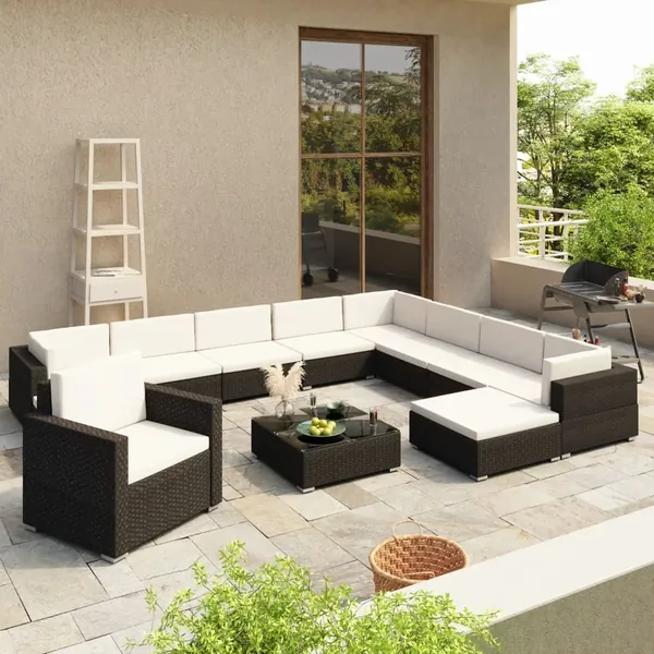 Salon de jardin 12 pcs avec coussins résine tressée noir