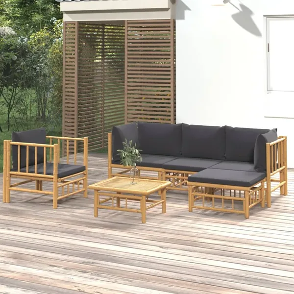 Salon de jardin 6 pcs avec coussins gris foncé bambou