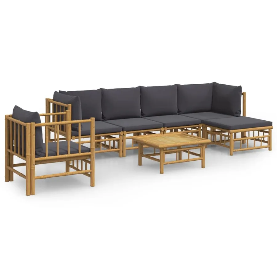 Salon de jardin 7 pcs avec coussins gris foncé bambou - 2