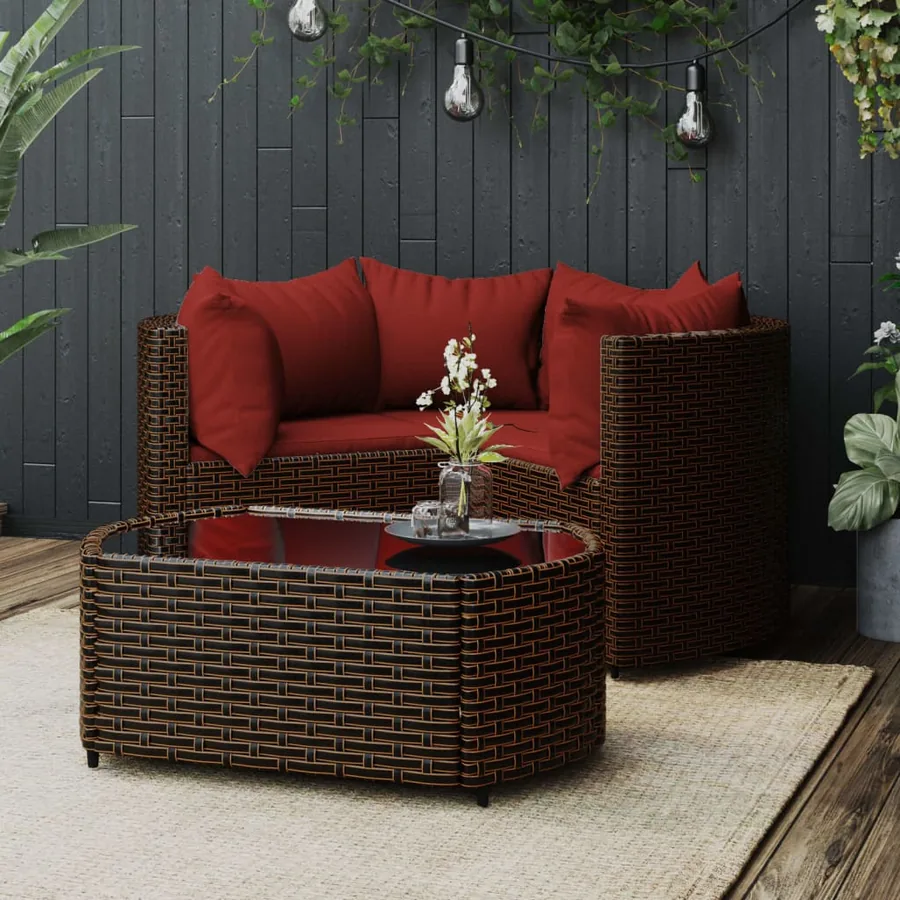 Salon de jardin 4 pcs avec coussins Marron Résine tressée