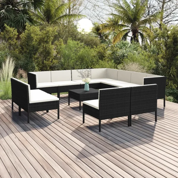 Salon de jardin 12 pcs avec coussins résine tressée noir