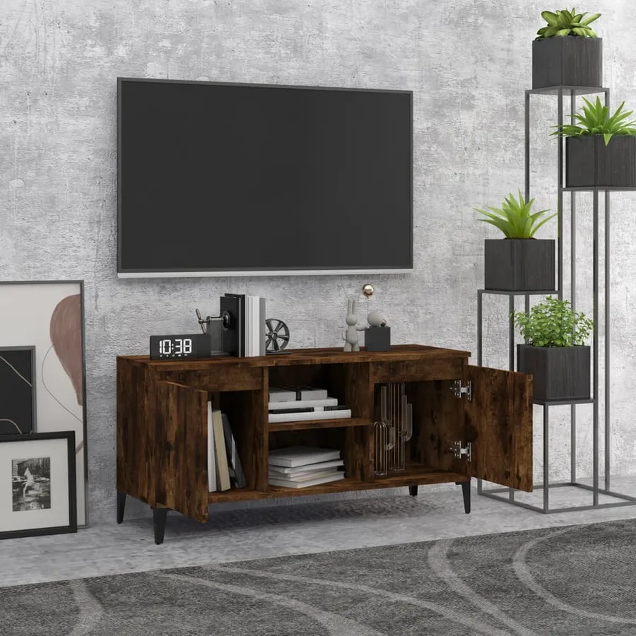 Meuble TV avec pieds en métal Chêne fumé 103,5x35x50 cm - 3