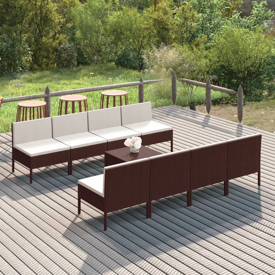 Salon de jardin 9 pcs avec coussins résine tressée marron