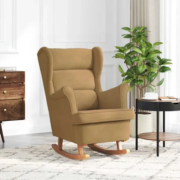 Fauteuil à bascule à oreilles en velours marron bois massif
