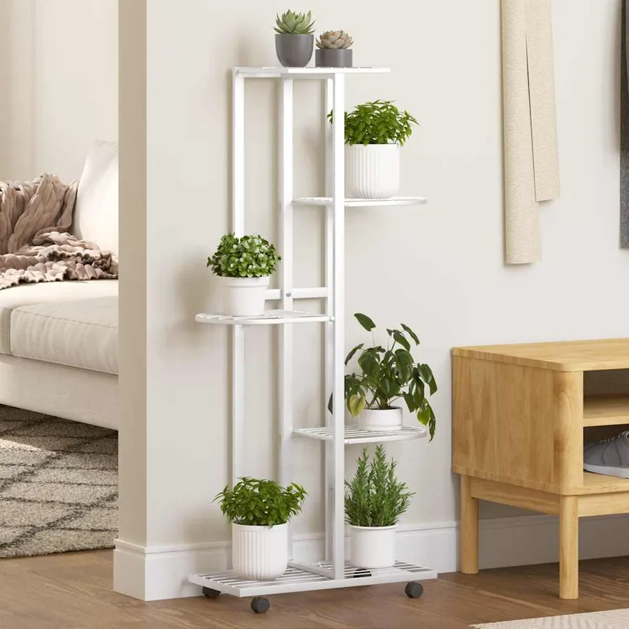 Jardinière à 5 niveaux avec roues 44x23x100 cm Blanc Fer