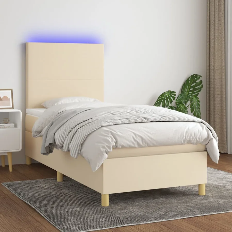 Sommier à lattes de lit et matelas et LED Crème 100x200cm Tissu