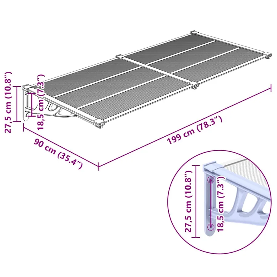 Auvent de porte Gris et transparent 199x90 cm Polycarbonate - 6