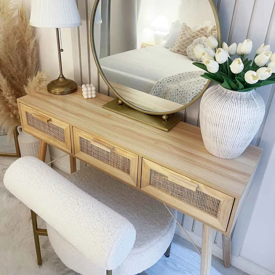 Table console Marron 105x30x75cm Bois massif pin /rotin naturel - 3