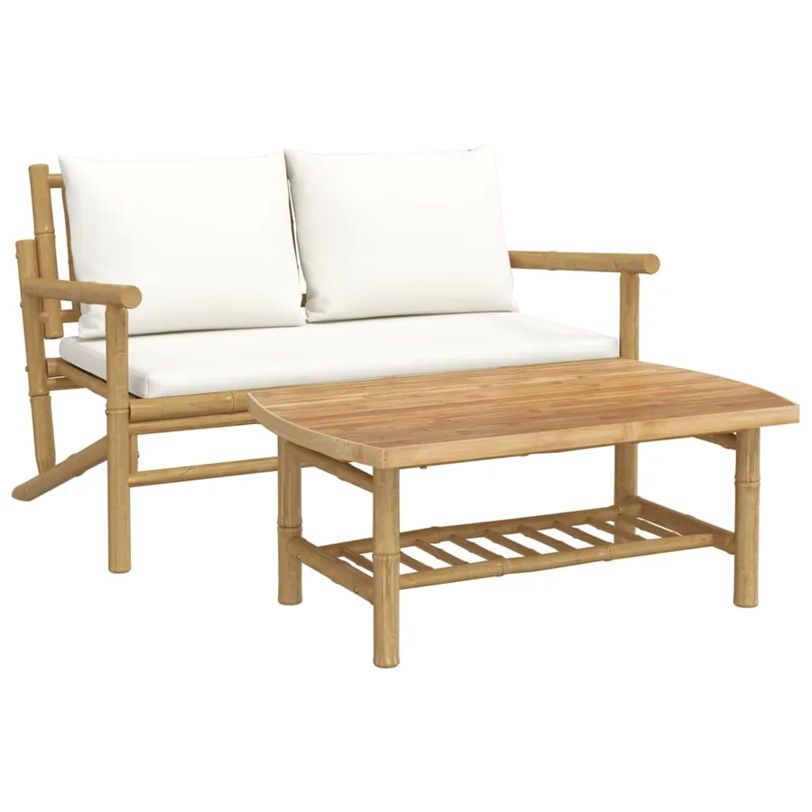 Salon de jardin 2 pcs avec coussins blanc crème bambou - 2