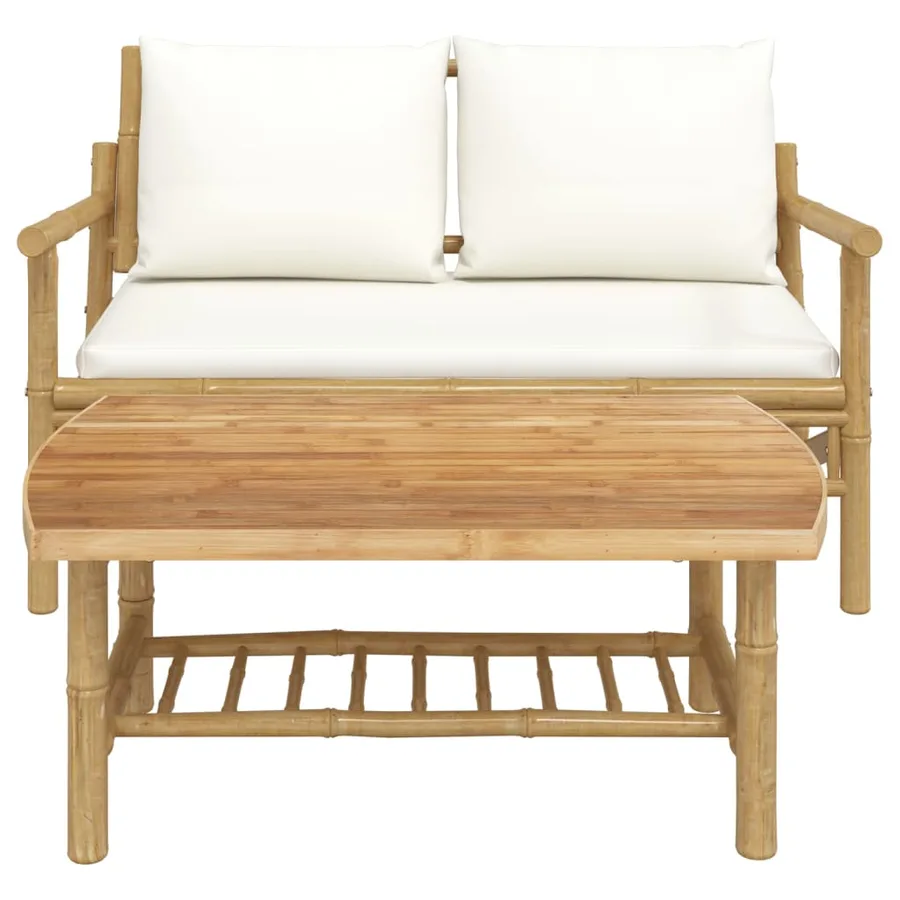 Salon de jardin 2 pcs avec coussins blanc crème bambou - 3
