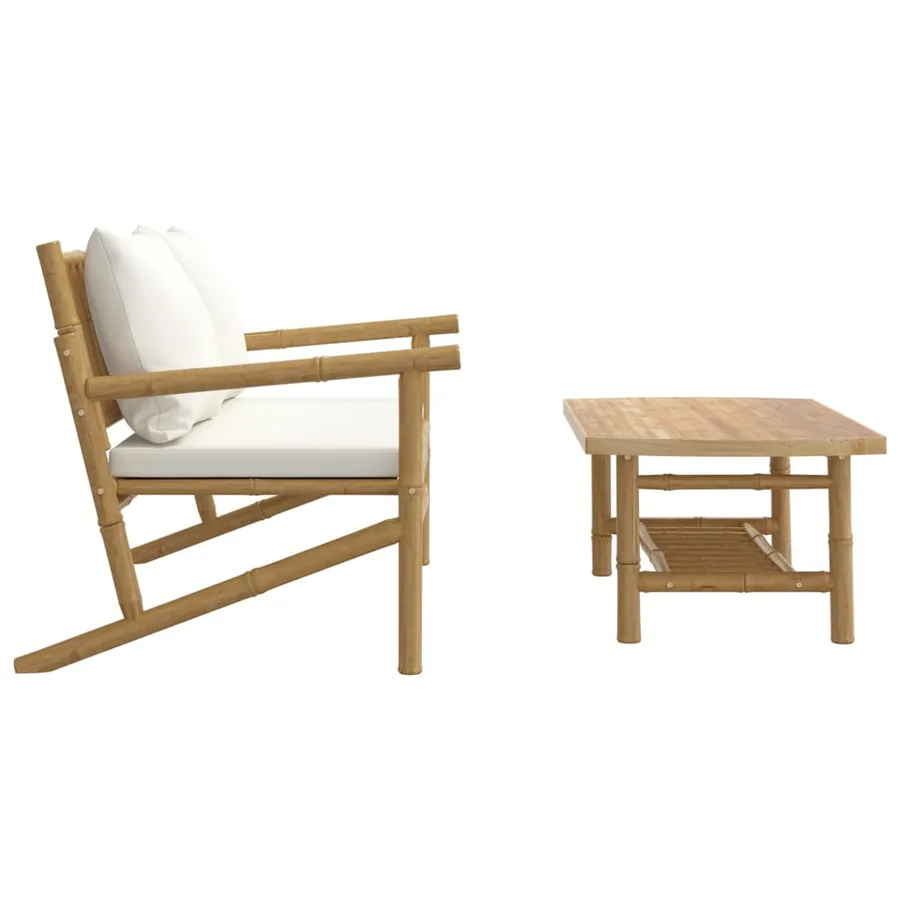 Salon de jardin 2 pcs avec coussins blanc crème bambou - 4