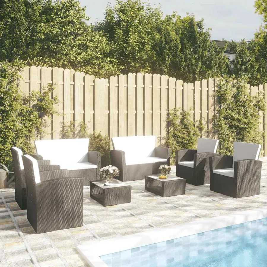 Salon de jardin 8 pcs avec coussins résine tressée noir