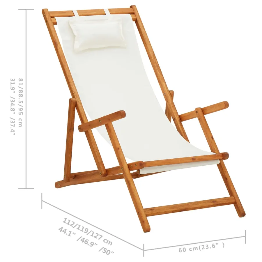 Chaise pliable de plage Bois d'eucalyptus solide et tissu Crème - 9