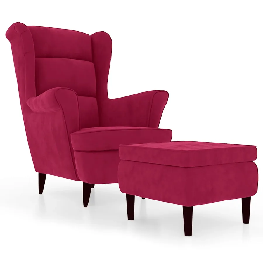 Fauteuil à oreilles avec tabouret bordeaux velours - 2
