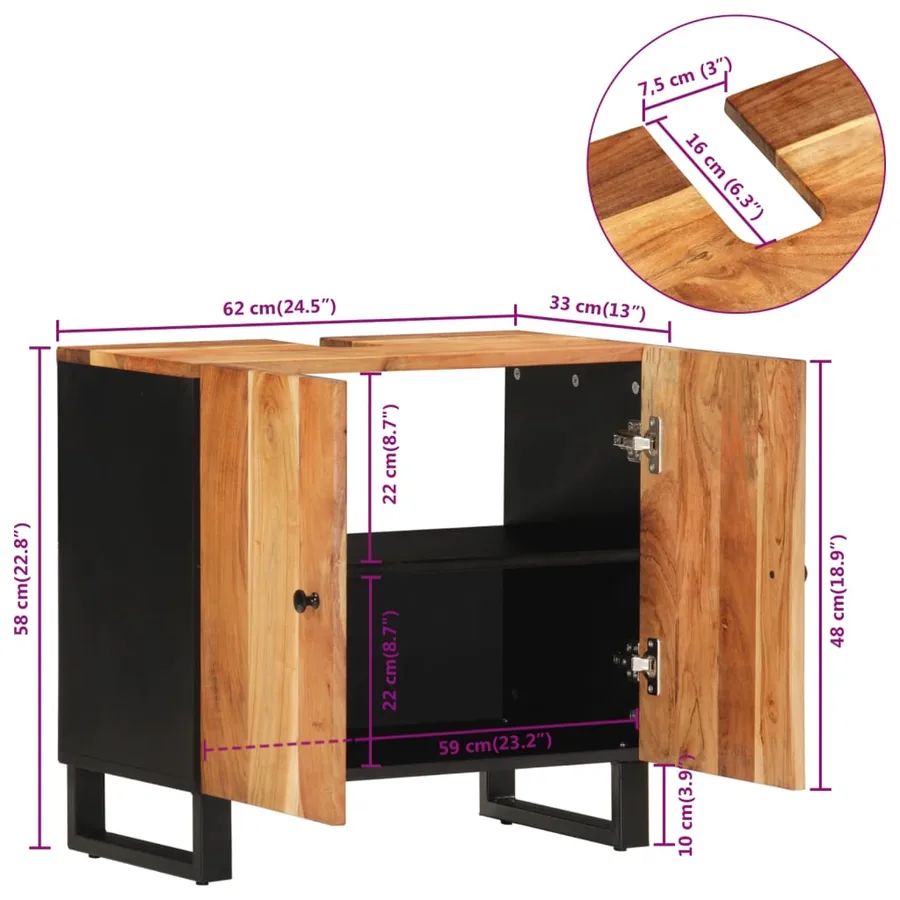 Meuble d'évier 62x33x58 cm bois d'acacia et d'ingénierie - 11