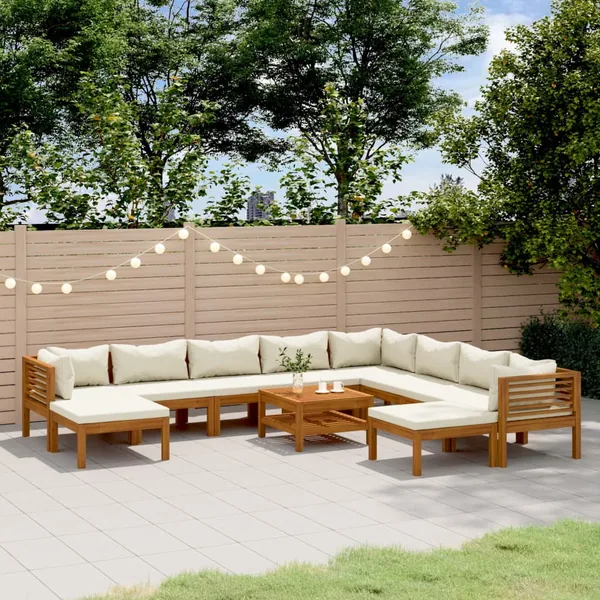 Salon de jardin 11 pcs avec coussin crème Bois d'acacia solide