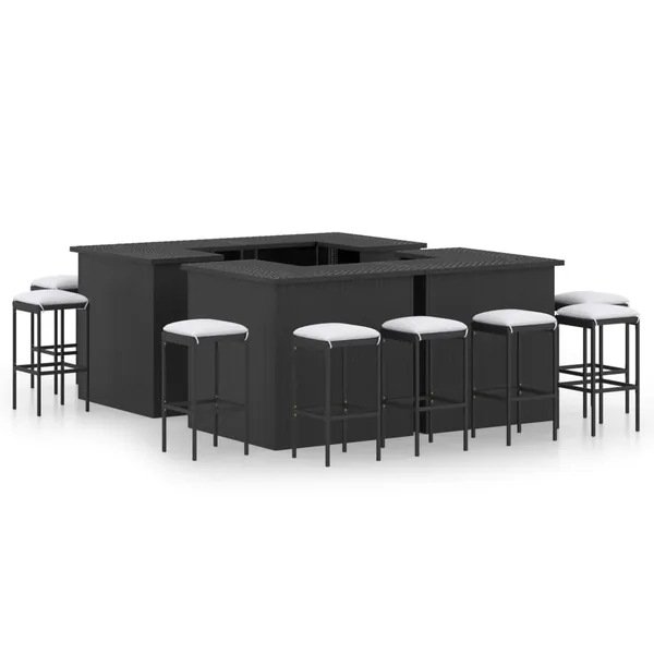 Ensemble de bar de jardin 16pcs et coussins Résine tressée Noir