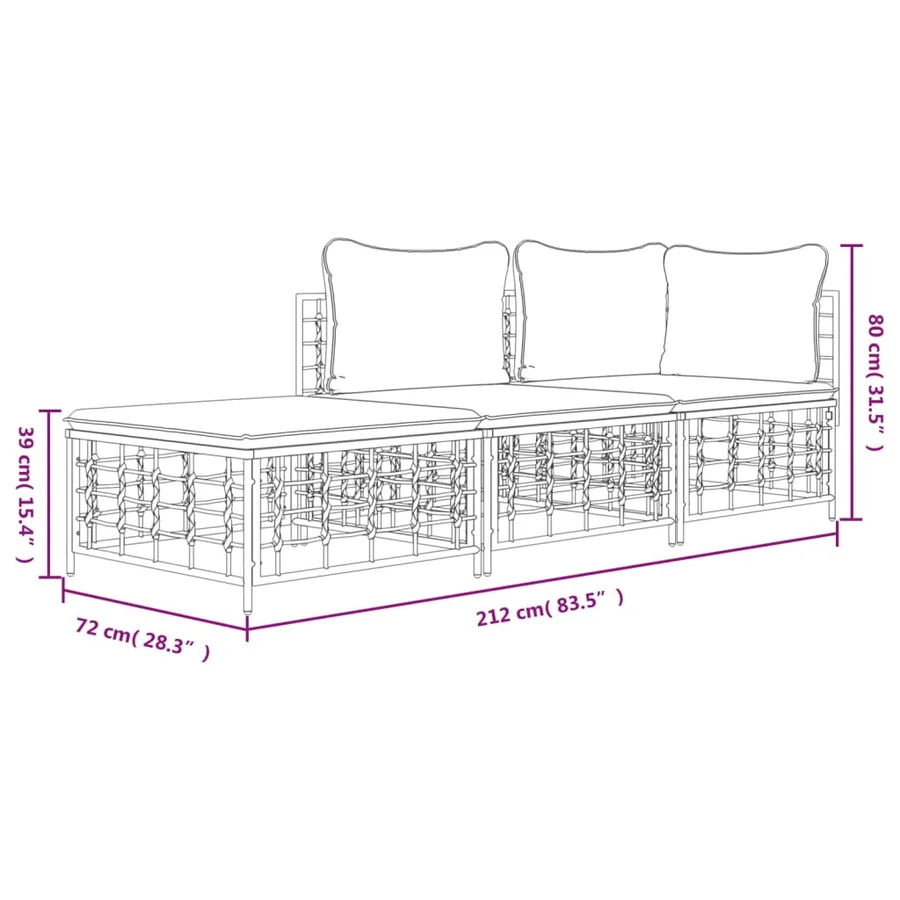 Salon de jardin 3 pcs avec coussins anthracite résine tressée - 9