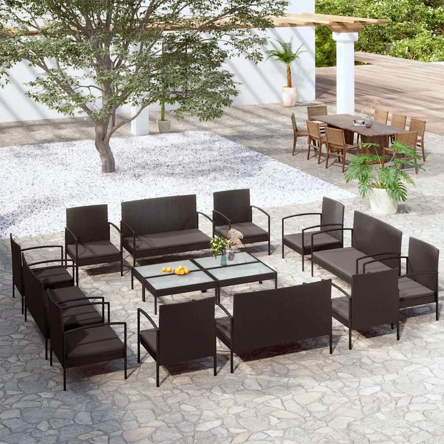 Salon de jardin 16 pcs avec coussins Résine tressée Noir