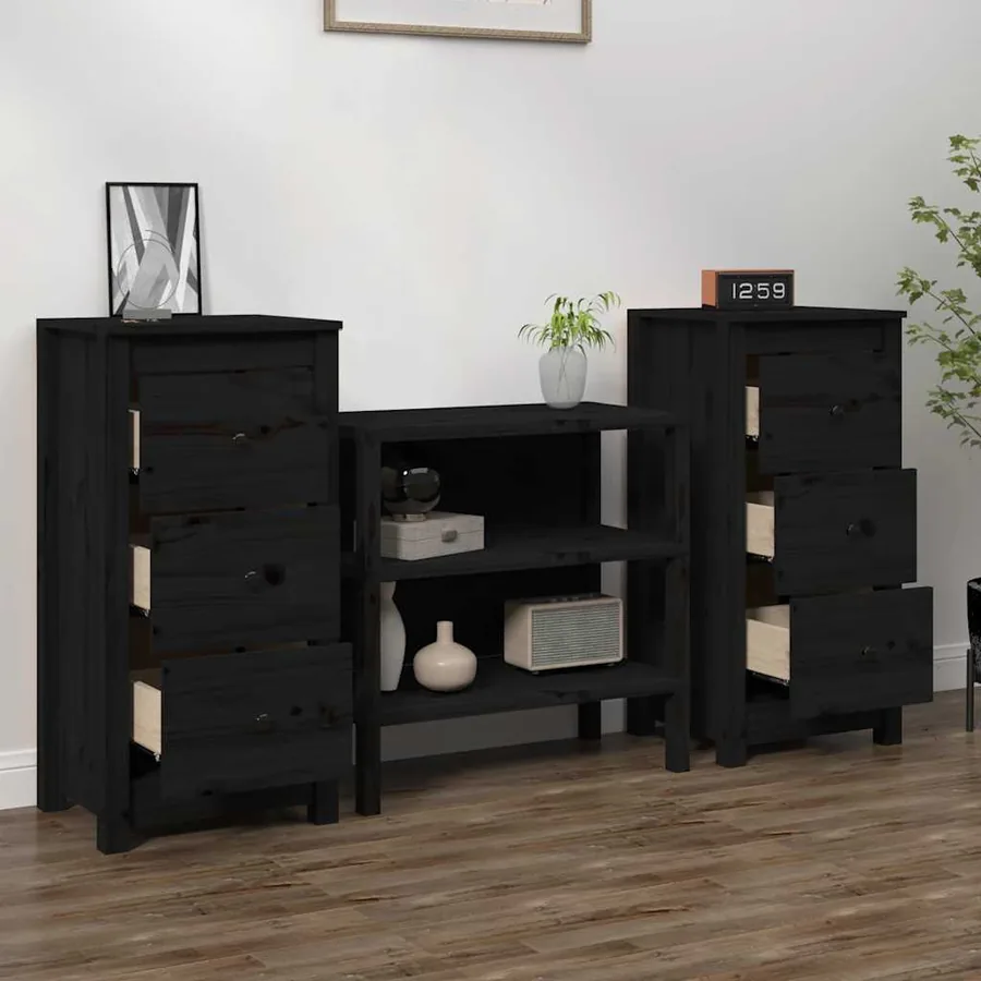 Buffets 2 pcs noir 40x35x80 cm bois massif de pin - 3