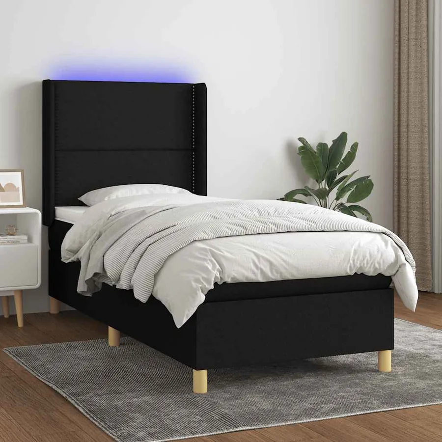 Sommier à lattes de lit matelas et LED Noir 90x190 cm Tissu