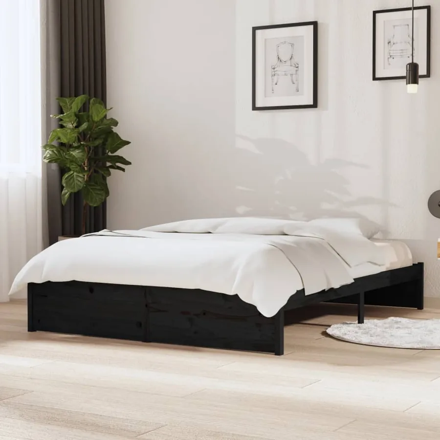 Cadre de lit sans matelas noir bois massif 140x190 cm