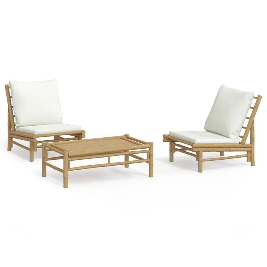 Salon de jardin 3 pcs avec coussins blanc crème bambou - 2