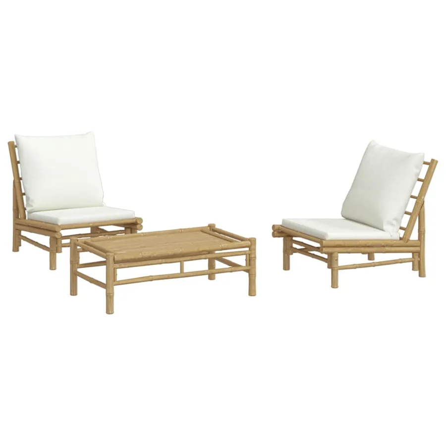 Salon de jardin 3 pcs avec coussins blanc crème bambou - 3