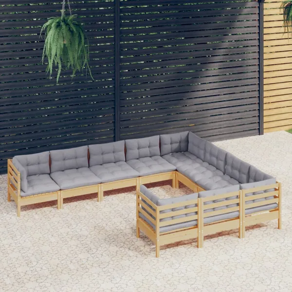 Salon de jardin 10 pcs avec coussins gris Bois de pin