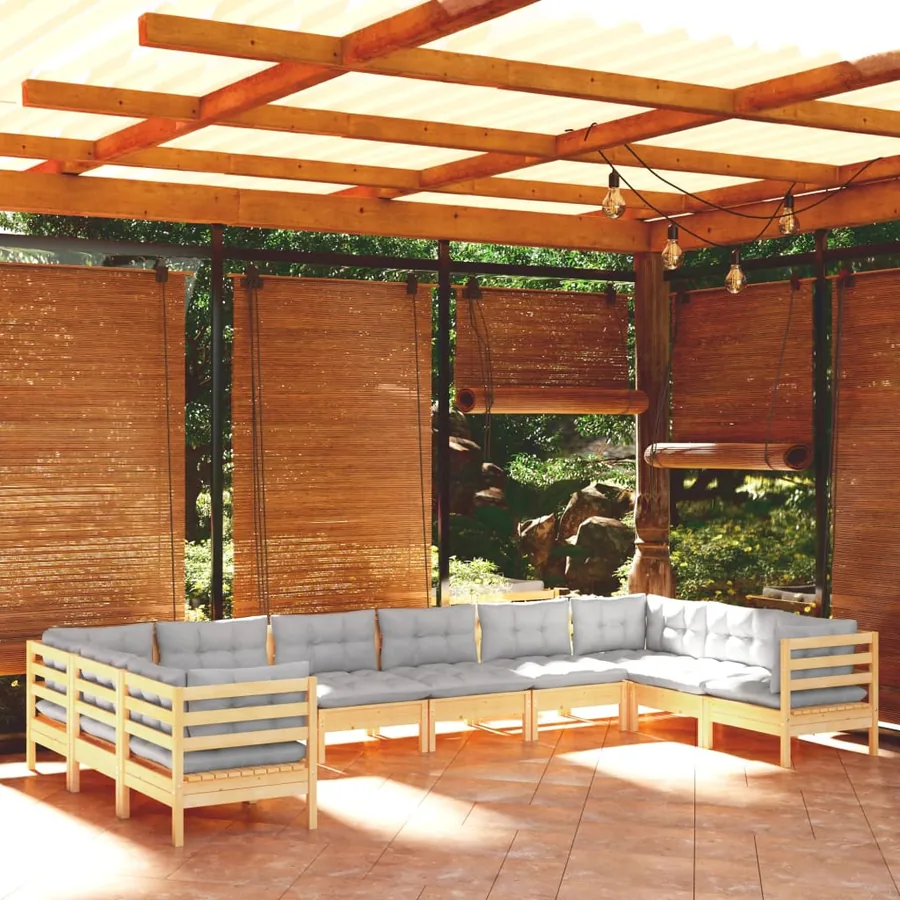 Salon de jardin 10 pcs avec coussins gris Bois de pin