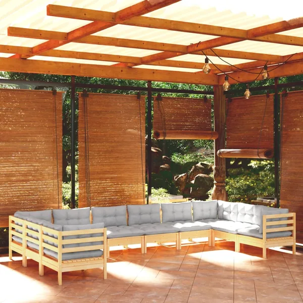 Salon de jardin 10 pcs avec coussins gris Bois de pin