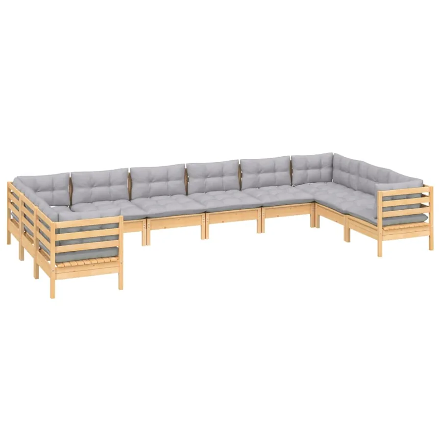 Salon de jardin 10 pcs avec coussins gris Bois de pin - 3