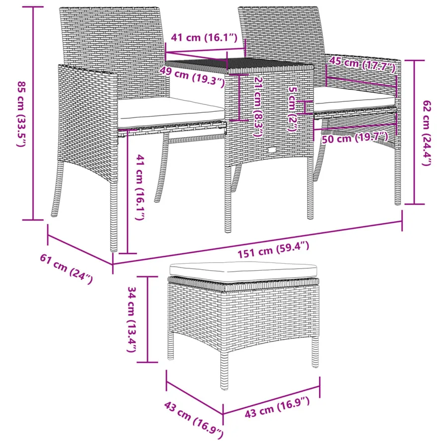 Canapé de jardin 2 places avec table et tabourets gris rotin - 10