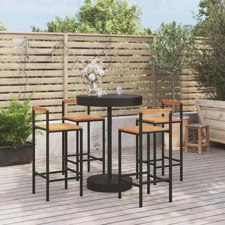 Ensemble de bar jardin 5 pcs noir poly rotin/bois massif acacia