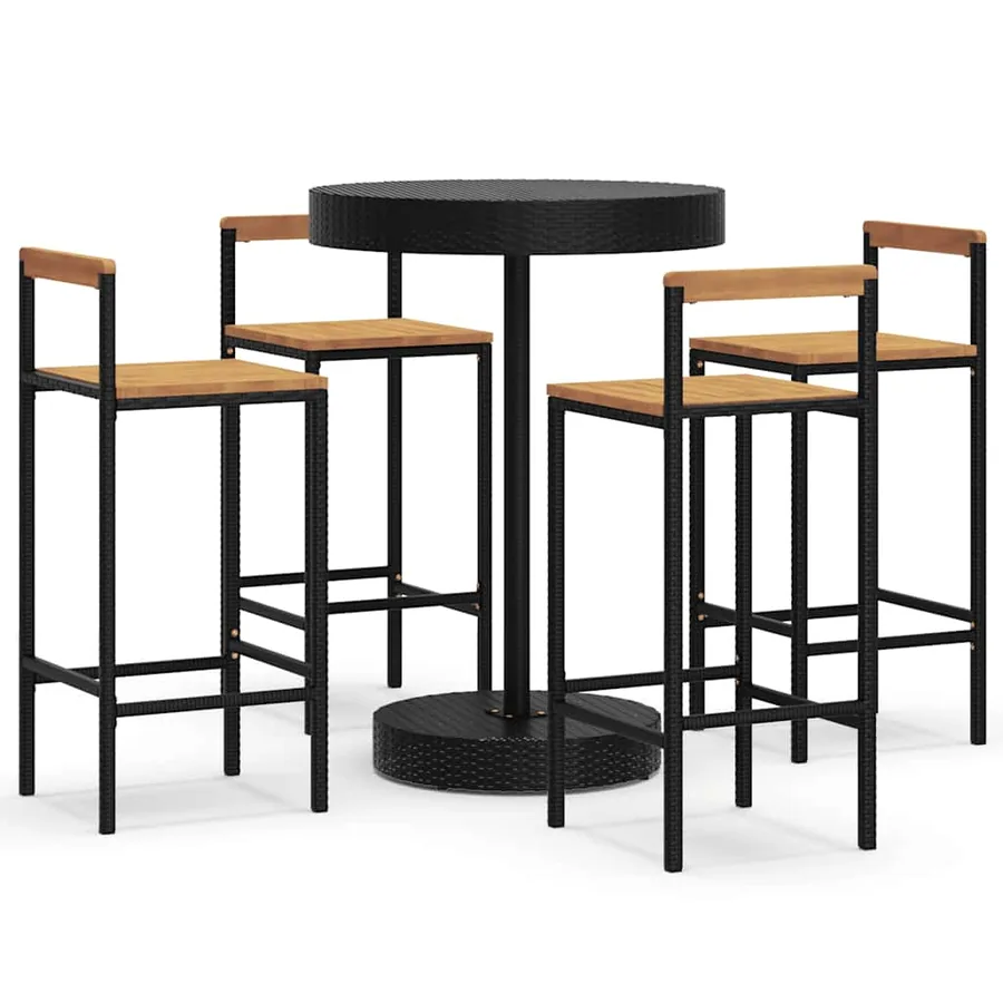 Ensemble de bar jardin 5 pcs noir poly rotin/bois massif acacia - 2