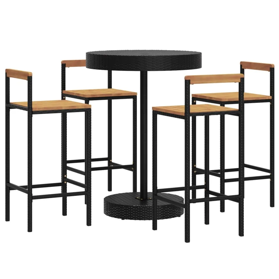 Ensemble de bar jardin 5 pcs noir poly rotin/bois massif acacia - 3