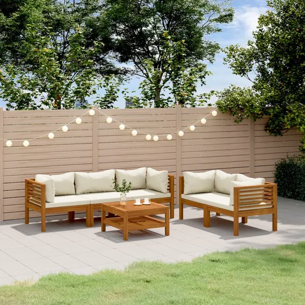 Salon de jardin 6 pcs avec coussin crème Bois d'acacia solide