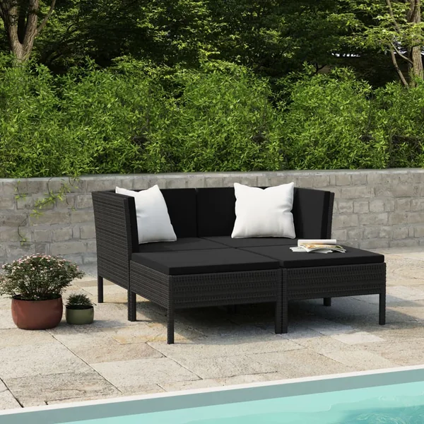 Salon de jardin 4 pcs avec coussins Résine tressée Noir