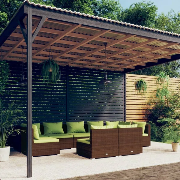 Salon de jardin 9 pcs avec coussins Marron Résine tressée