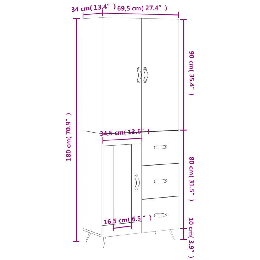 Buffet haut Gris béton 69,5x34x180 cm Bois d'ingénierie - 14