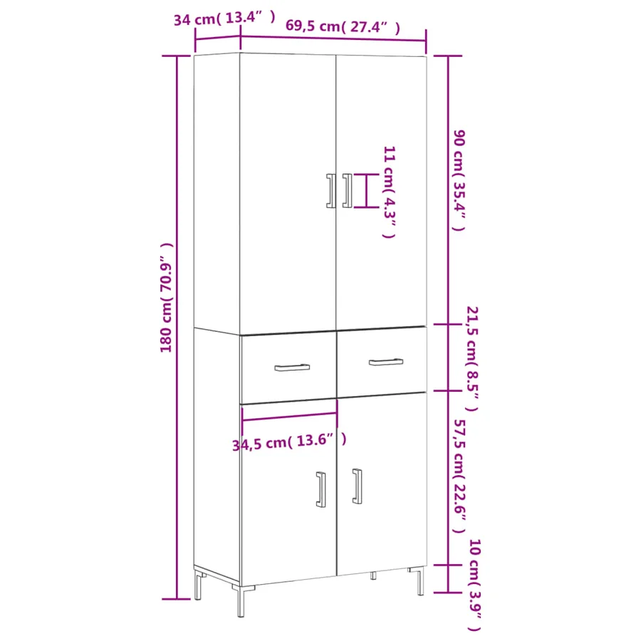 Buffet haut Chêne sonoma 69,5x34x180 cm Bois d'ingénierie - 14